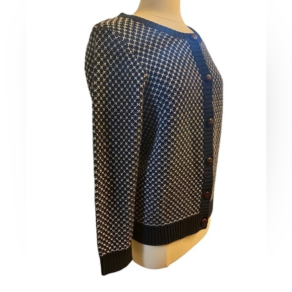 L.L Bean Faux leather button cardigan navy/white ladies large petite 100% cotton - Picture 3 of 12